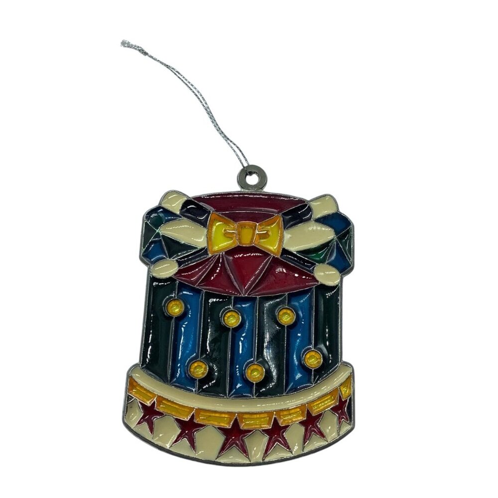Vtg Godinger Silver Art GSA Stained Glass Style‎ Christmas Drum Ornament 3.75”